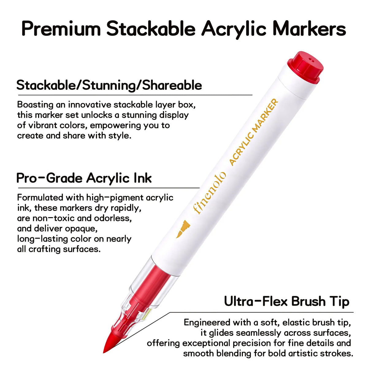 FINENOLO Brush Tip Acrylic Markers Set (24/36/60 Pack) with Portable Stackable Storage Box, Premium Water-Based Automatic Ink Colored Pens Drawing & Painting Supplies for All Levels, Art Supplies for Rock Painting, DIY Crafts