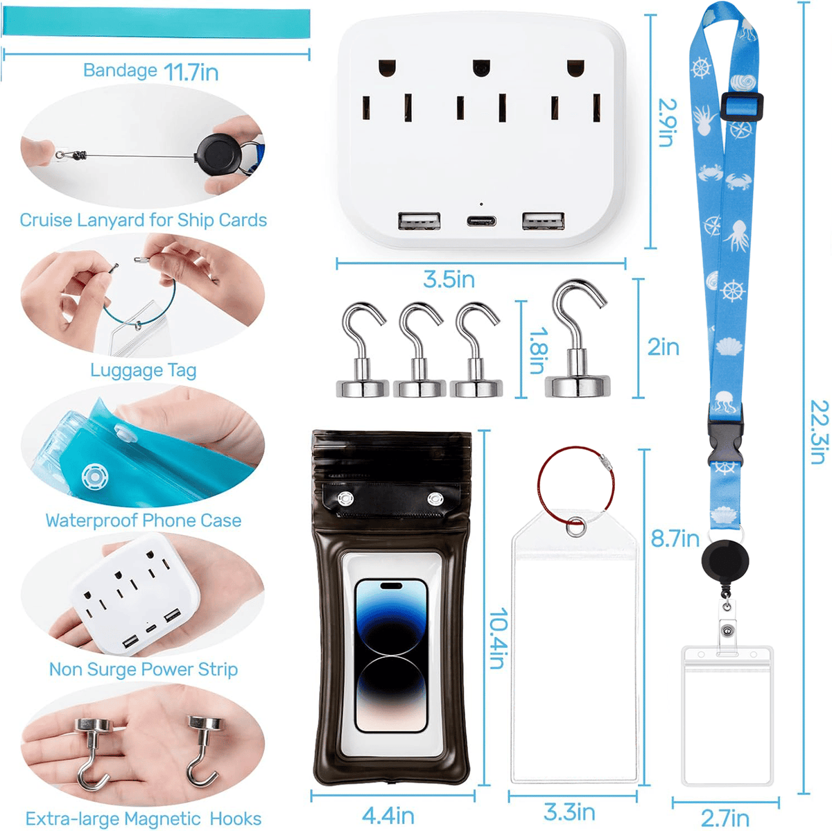 Cruise Essentials 2026- Cruise Must Haves Kit with Non-Surge Protector Power Strip, Lanyard with ID Holder, Magnetic Hooks, Luggage Tag Set, Towel Bands, Waterproof Phone Holder