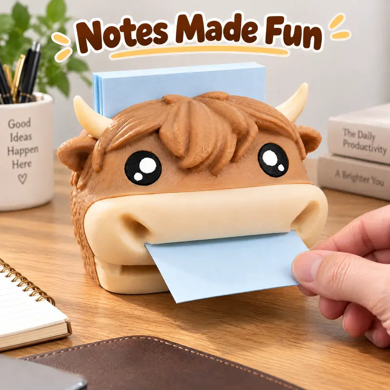 🐮Cute Highland Cow Sticky Note Holder & Pen Rest – Desktop Organizer & Office Gift