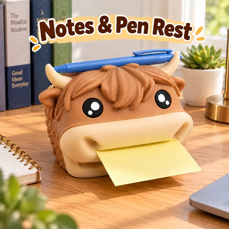🐮Cute Highland Cow Sticky Note Holder & Pen Rest – Desktop Organizer & Office Gift