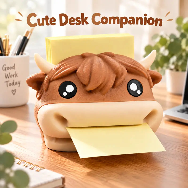 🐮Cute Highland Cow Sticky Note Holder & Pen Rest – Desktop Organizer & Office Gift