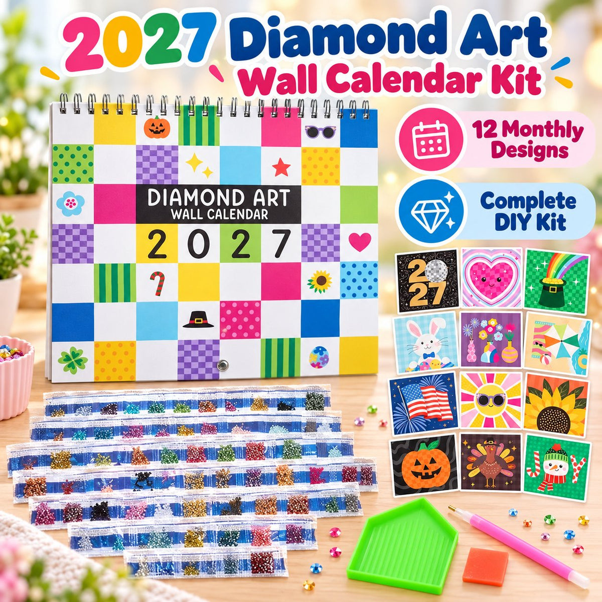 💎 2027 Diamond Art Wall Calendar Kit | 12 Monthly Designs + Complete Gem Tools ✨