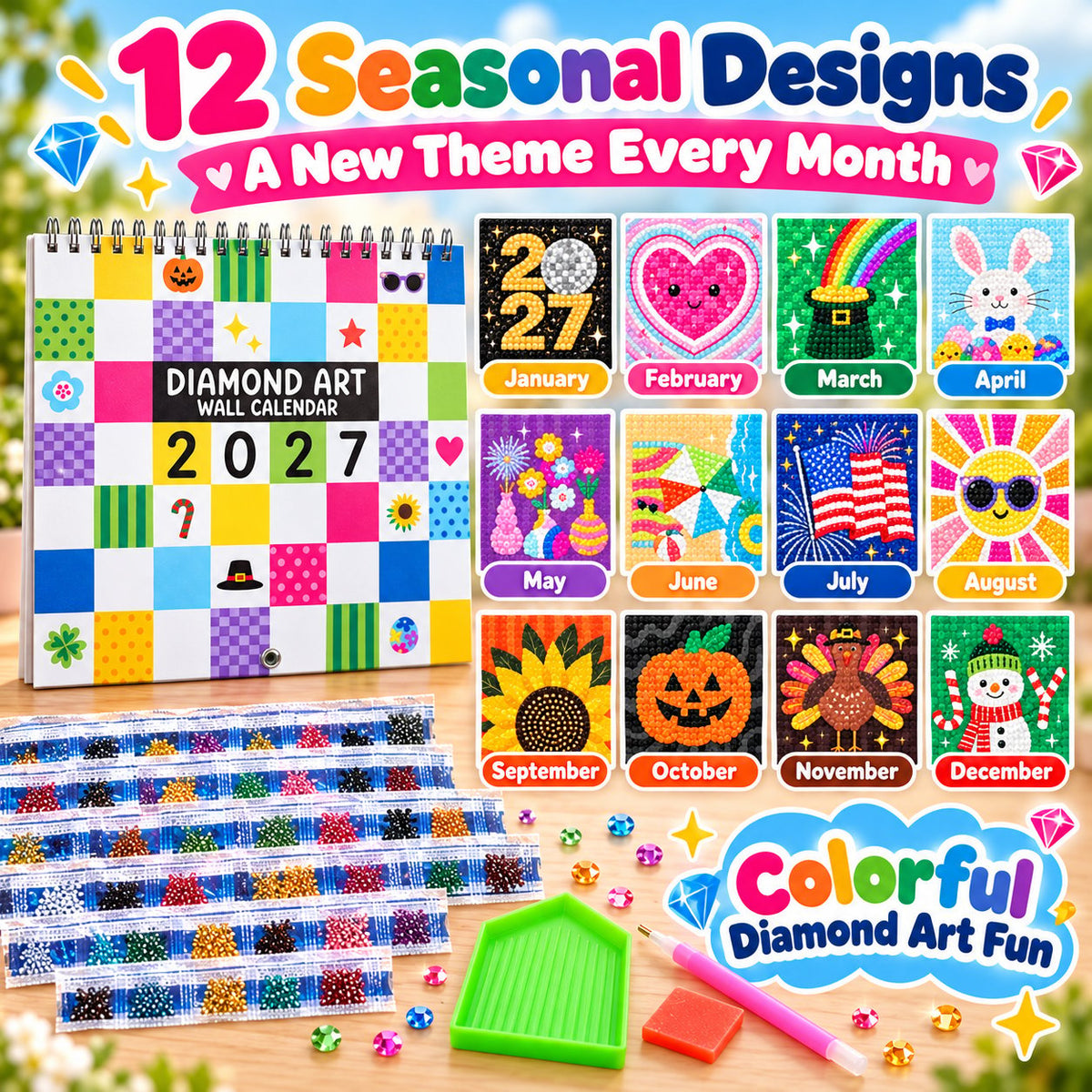 💎 2027 Diamond Art Wall Calendar Kit | 12 Monthly Designs + Complete Gem Tools ✨