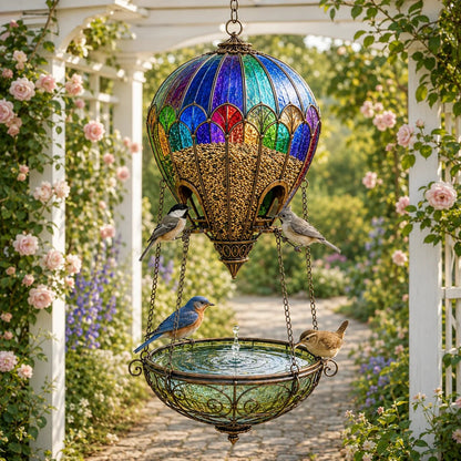 🌈 Stained Glass Hot Air Balloon Bird Feeder Fountain🐦