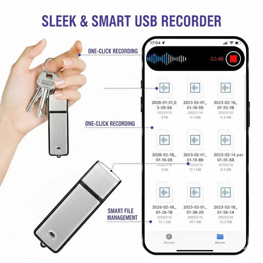 USB Flash Drive Voice Recorder 2-in-1 – Voice Activated, Smart Noise Reduction, Auto File Save