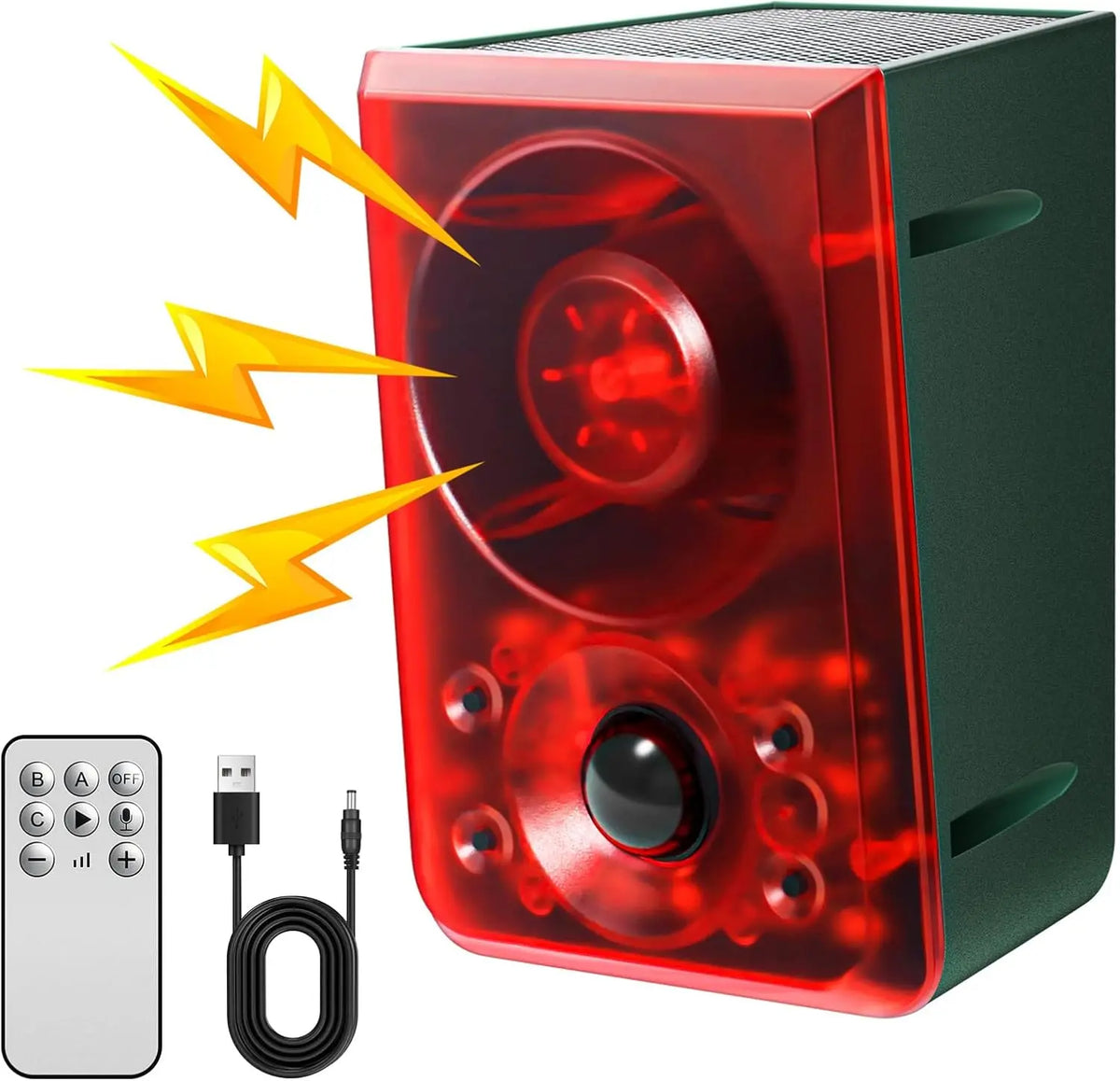 Solar Outdoor Motion SensorAlarm - Dog Barking & GunshotSound, Support Recording andVolume Adjustment, 130dB Noisewith Flashing Light to DeterRaccoon, Deer, Skunk, Bear,Coyote