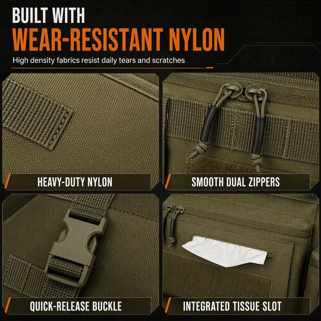 🎉🚗 Tactical Car Backseat Organizer: Heavy-Duty Nylon, Webbed Loops, Buckled Straps, Universal Fit