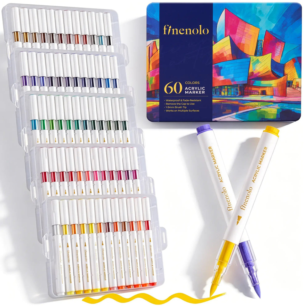 FINENOLO Brush Tip Acrylic Markers Set (24/36/60 Pack) with Portable Stackable Storage Box, Premium Water-Based Automatic Ink Colored Pens Drawing & Painting Supplies for All Levels, Art Supplies for Rock Painting, DIY Crafts