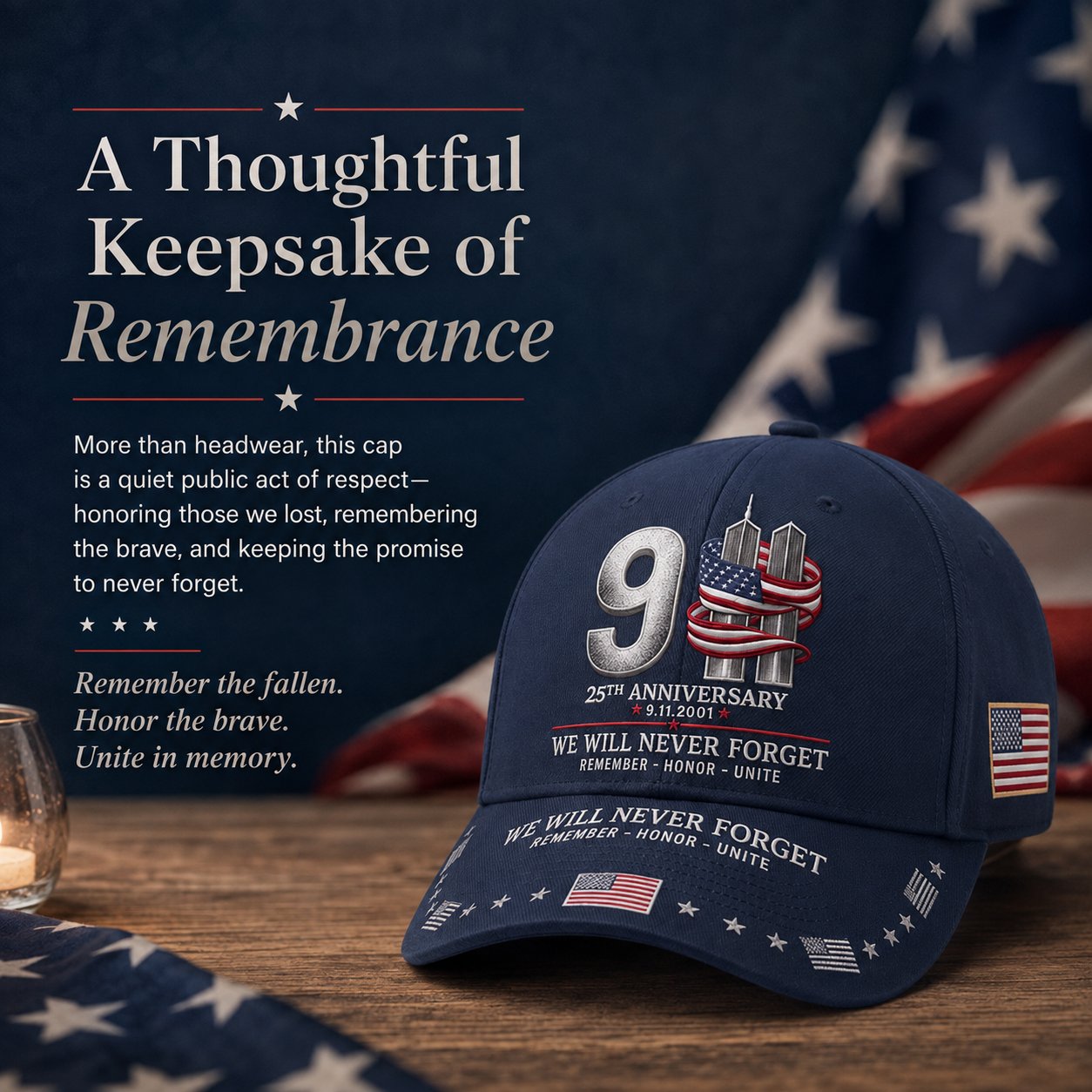 🔥LAST DAY 50% OFF - 9/11 25th Anniversary We Will Never Forget Printed Memorial Baseball Cap – Unisex Patriotic Memorial Hat🧢
