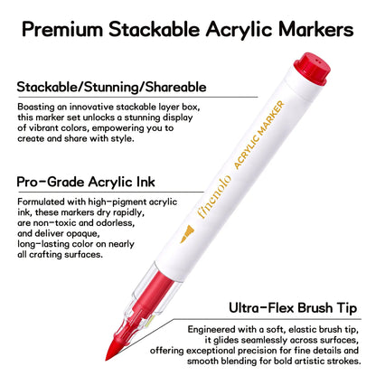 FINENOLO Brush Tip Acrylic Markers Set (24/36/60 Pack) with Portable Stackable Storage Box, Premium Water-Based Automatic Ink Colored Pens Drawing & Painting Supplies for All Levels, Art Supplies for Rock Painting, DIY Crafts