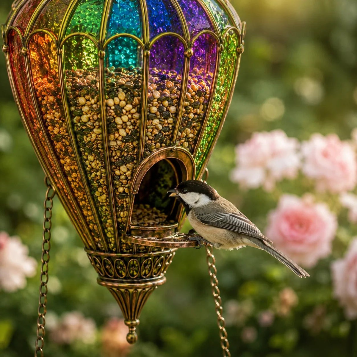 🌈 Stained Glass Hot Air Balloon Bird Feeder Fountain🐦