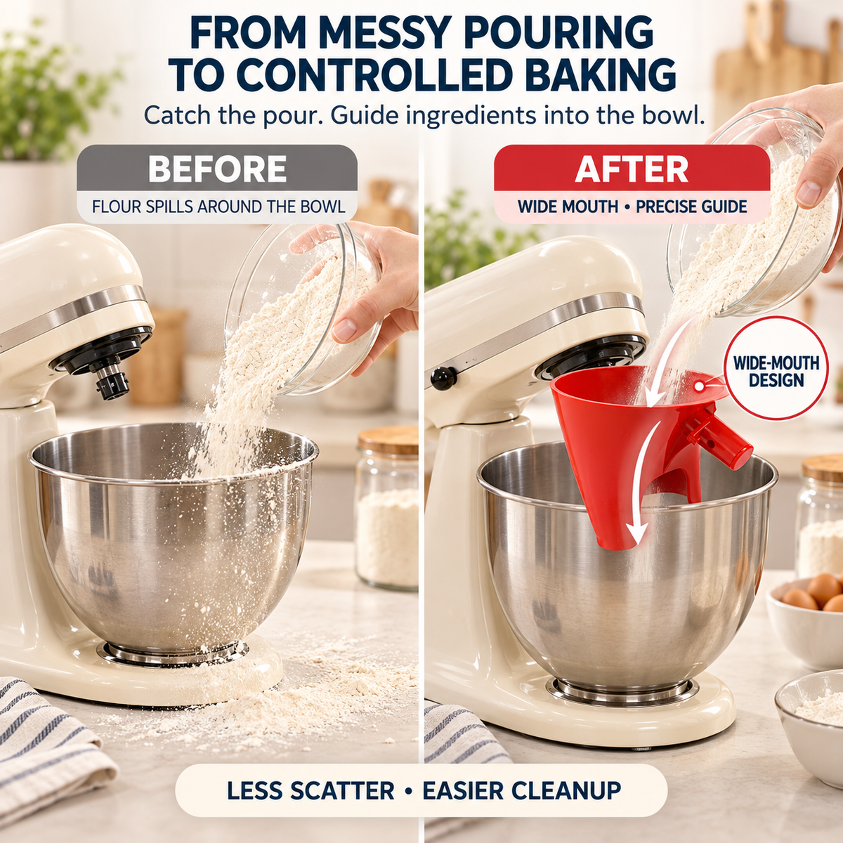 Stand Mixer Flour Funnel – Mess-Free Wide-Mouth Ingredient Guide for Home Baking
