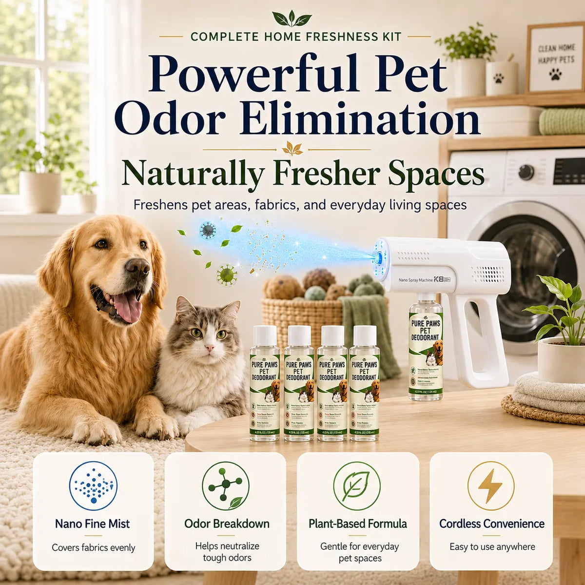 Pet Bio-Enzyme Stain & Odor Eliminator Spray – Blue Light Probiotic Deodorizing Cleaner