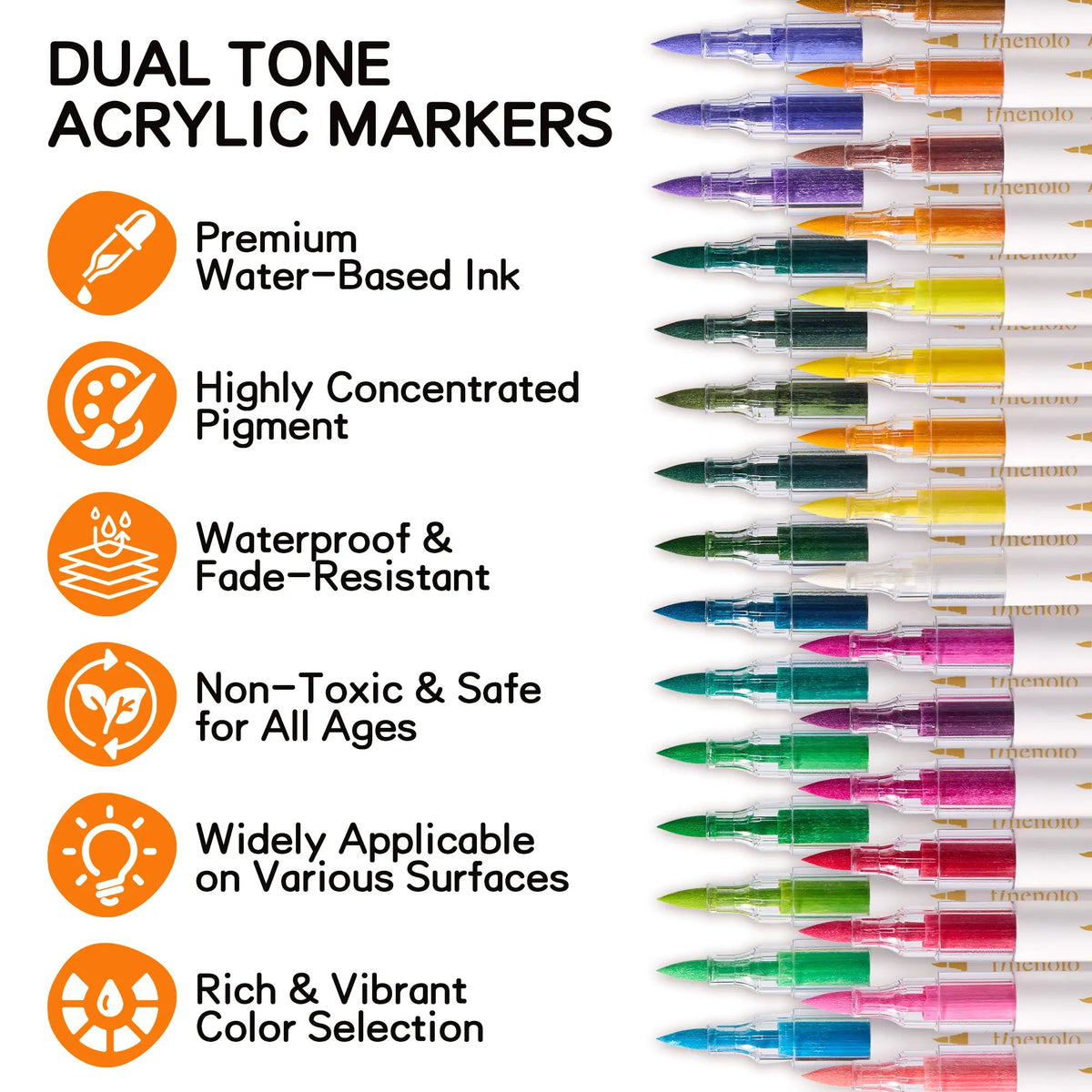 FINENOLO Brush Tip Acrylic Markers Set (24/36/60 Pack) with Portable Stackable Storage Box, Premium Water-Based Automatic Ink Colored Pens Drawing & Painting Supplies for All Levels, Art Supplies for Rock Painting, DIY Crafts