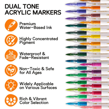 FINENOLO Brush Tip Acrylic Markers Set (24/36/60 Pack) with Portable Stackable Storage Box, Premium Water-Based Automatic Ink Colored Pens Drawing & Painting Supplies for All Levels, Art Supplies for Rock Painting, DIY Crafts
