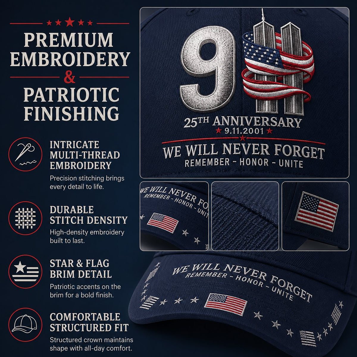 🔥LAST DAY 50% OFF - 9/11 25th Anniversary We Will Never Forget Printed Memorial Baseball Cap – Unisex Patriotic Memorial Hat🧢