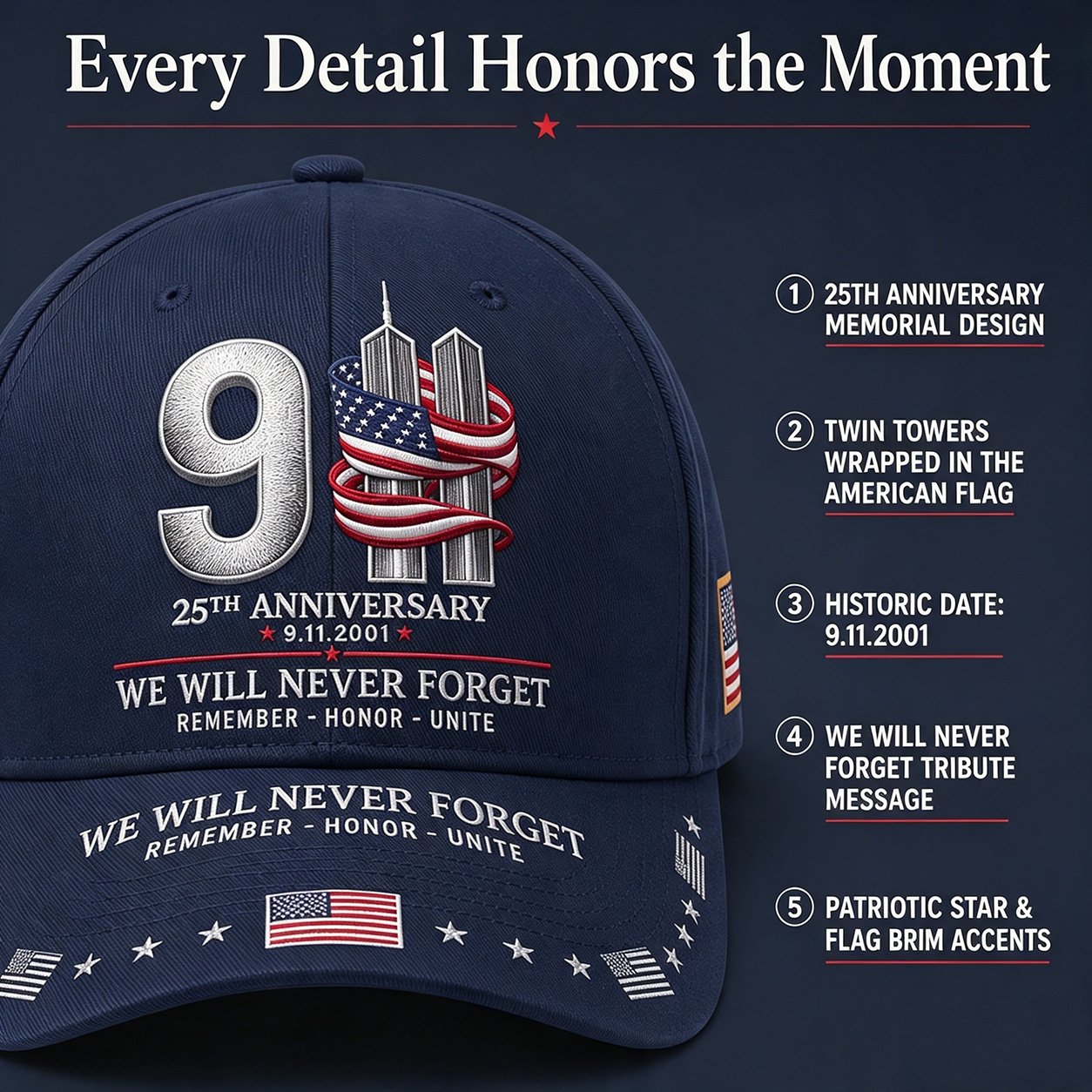 🔥LAST DAY 50% OFF - 9/11 25th Anniversary We Will Never Forget Printed Memorial Baseball Cap – Unisex Patriotic Memorial Hat🧢