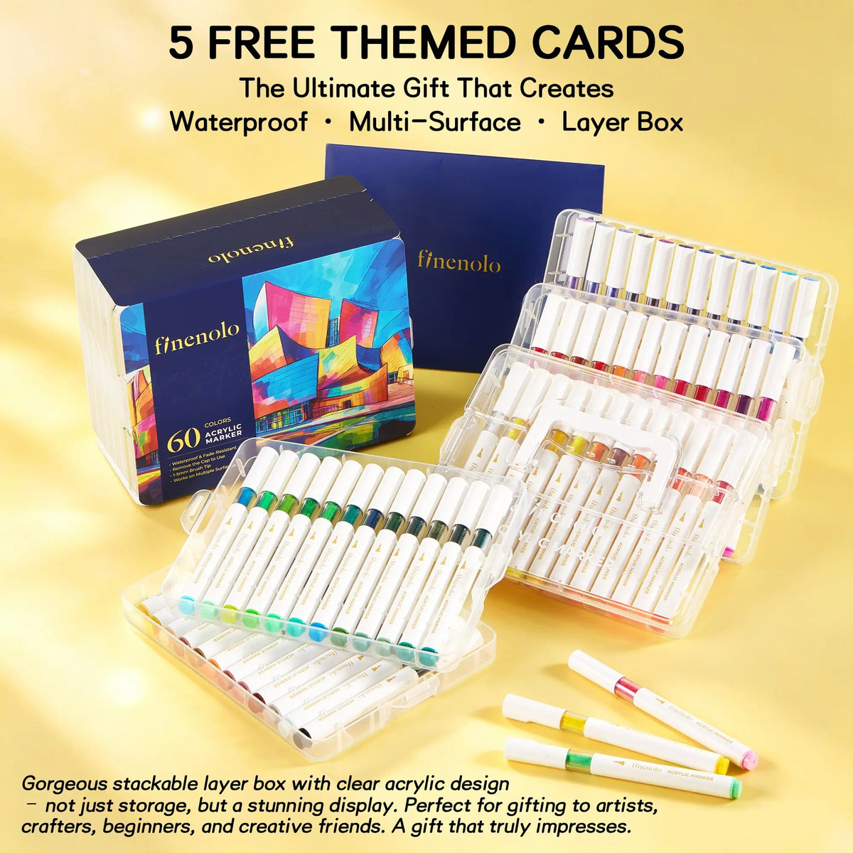 FINENOLO Brush Tip Acrylic Markers Set (24/36/60 Pack) with Portable Stackable Storage Box, Premium Water-Based Automatic Ink Colored Pens Drawing & Painting Supplies for All Levels, Art Supplies for Rock Painting, DIY Crafts