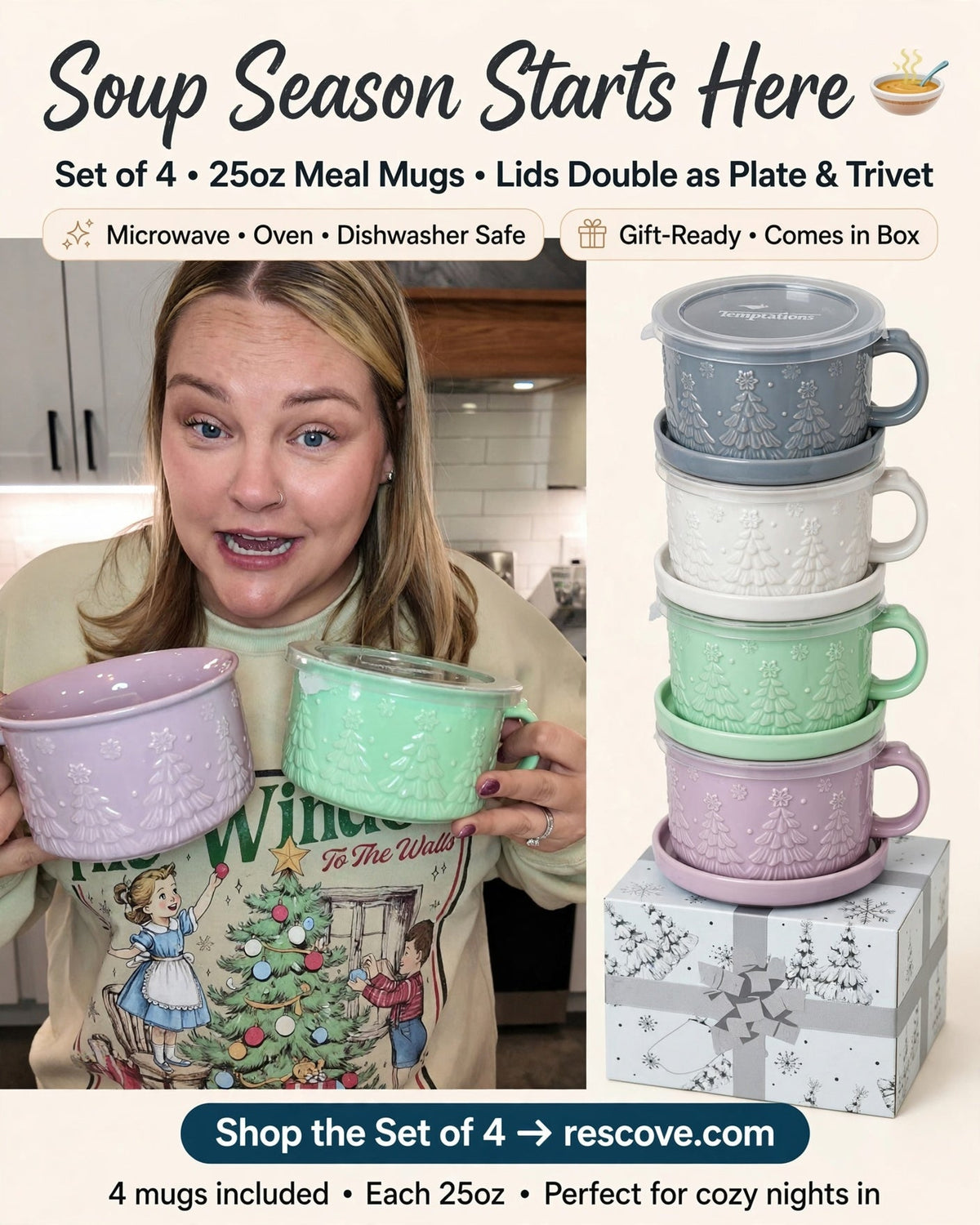 Set of (4) 25-Oz Mug Meals W/Lid-Its & Gift Boxes