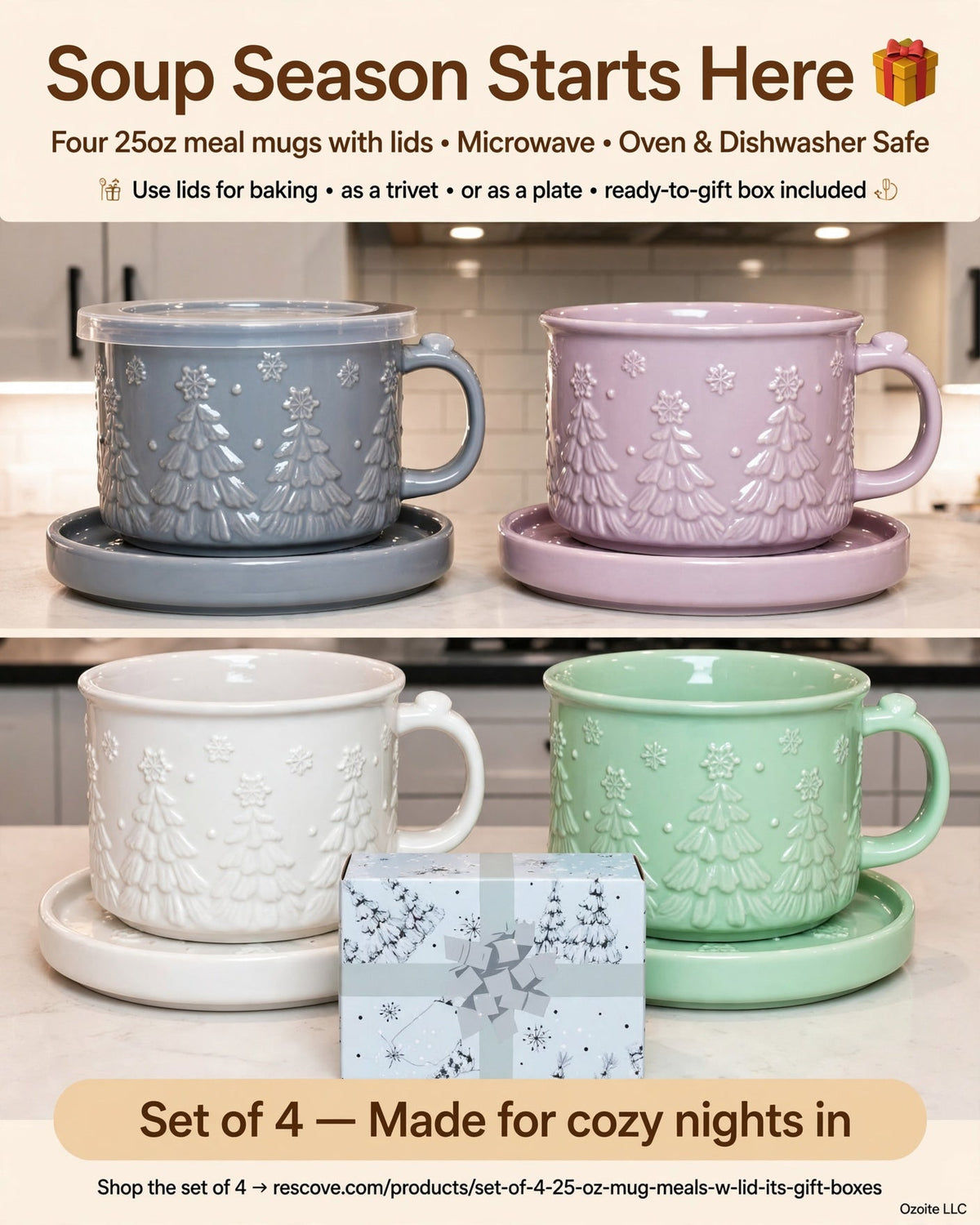Set of (4) 25-Oz Mug Meals W/Lid-Its & Gift Boxes