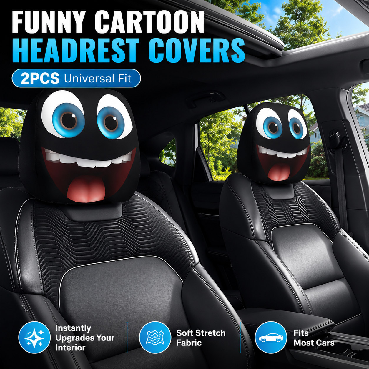 😆 Lustige Cartoon Auto-Kopfstützenbezüge – 2 Stück universelle Passform 🚗