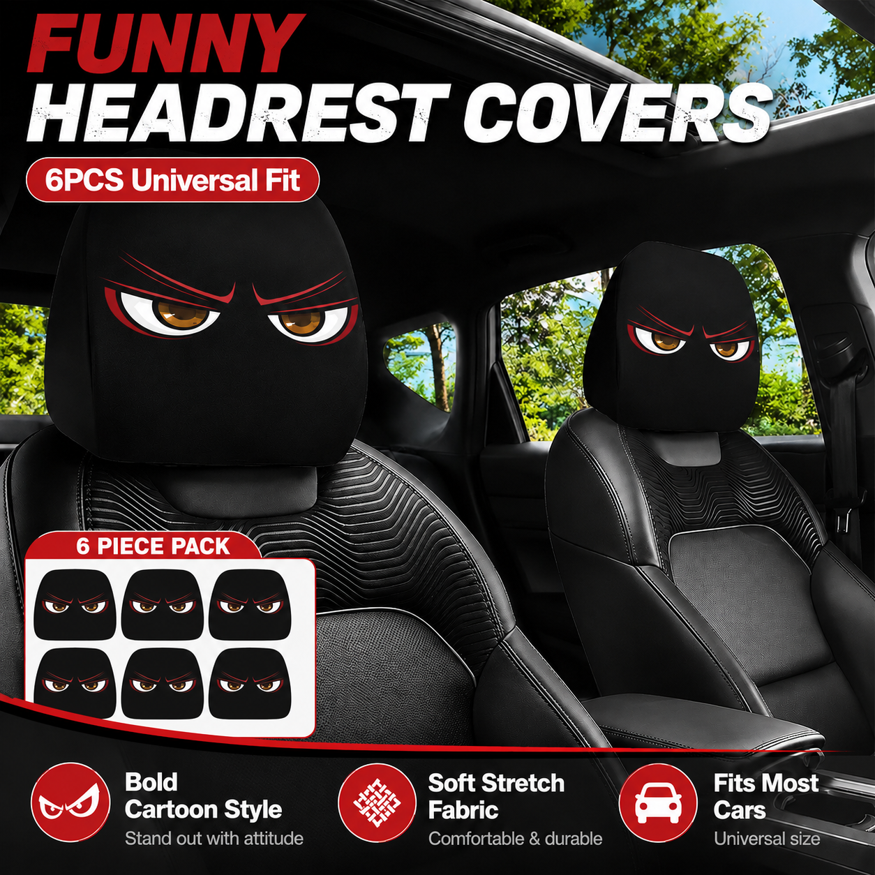 😆 Lustige Cartoon Auto-Kopfstützenbezüge – 2 Stück universelle Passform 🚗