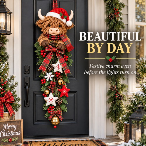 🔥Last Day 49% OFF✨🎄 Lighted Highland Cow Christmas Door Swag – A Cozy Holiday Welcome