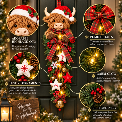 🔥Last Day 49% OFF✨🎄 Lighted Highland Cow Christmas Door Swag – A Cozy Holiday Welcome