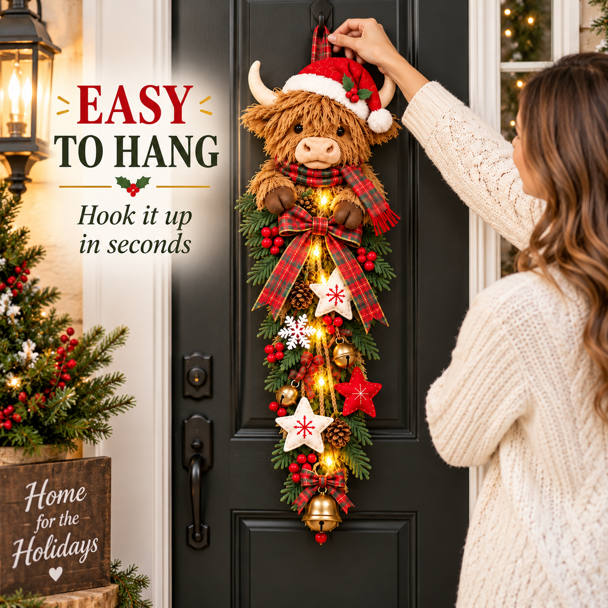 🔥Last Day 49% OFF✨🎄 Lighted Highland Cow Christmas Door Swag – A Cozy Holiday Welcome