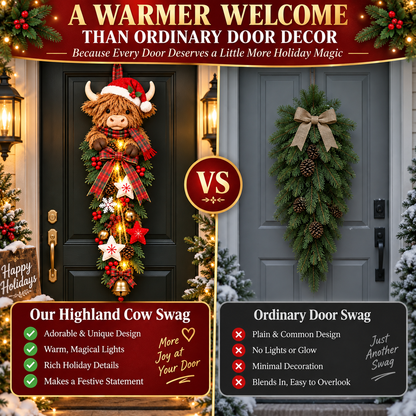 🔥Last Day 49% OFF✨🎄 Lighted Highland Cow Christmas Door Swag – A Cozy Holiday Welcome