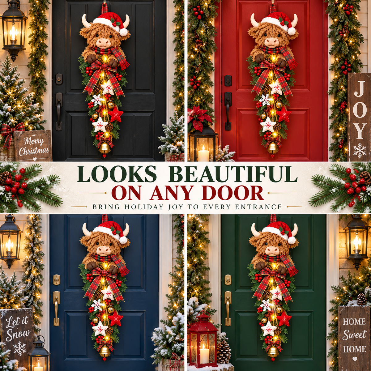 🔥Last Day 49% OFF✨🎄 Lighted Highland Cow Christmas Door Swag – A Cozy Holiday Welcome