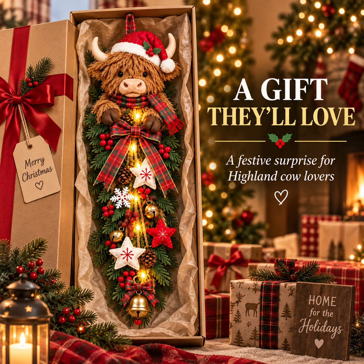 🔥Last Day 49% OFF✨🎄 Lighted Highland Cow Christmas Door Swag – A Cozy Holiday Welcome