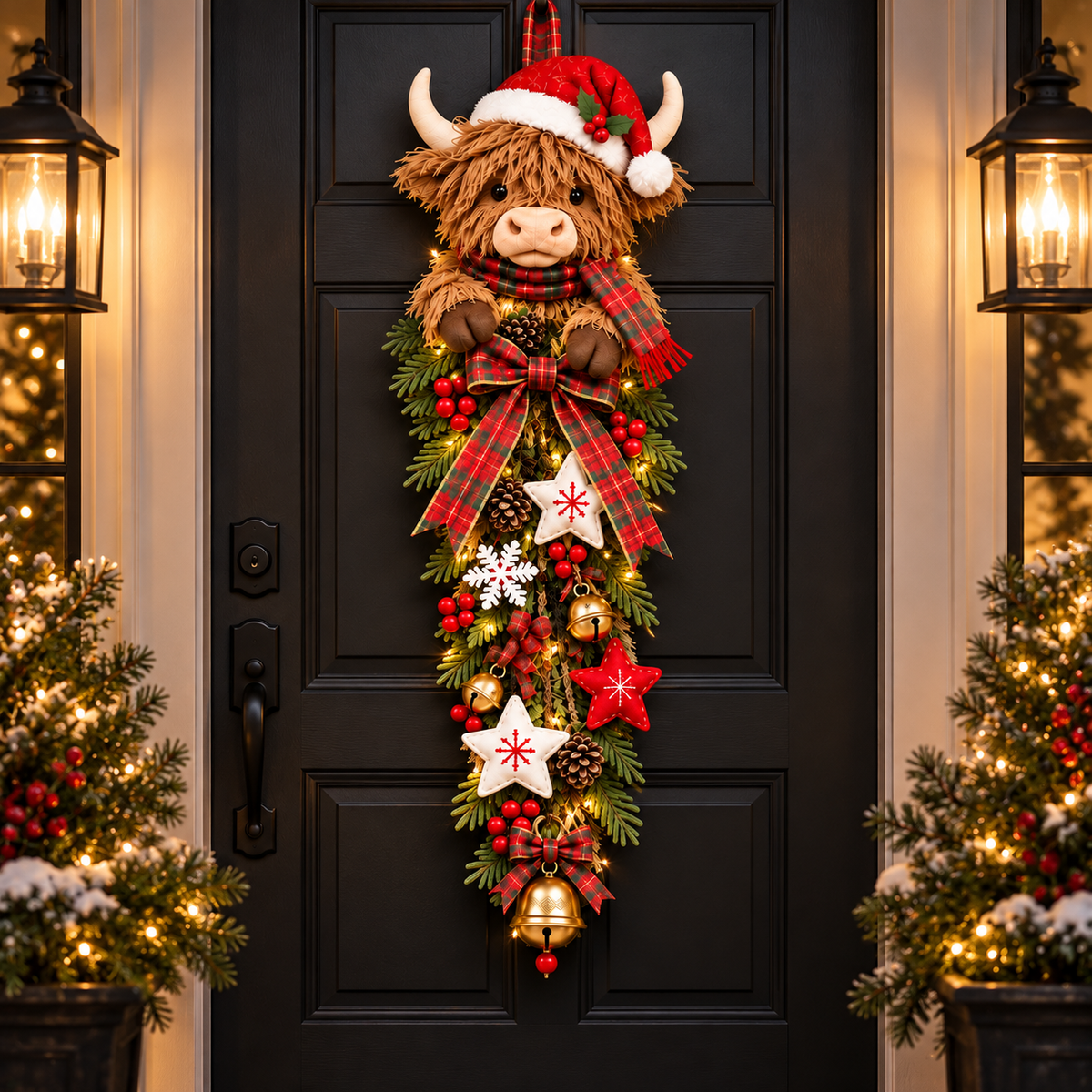 🔥Last Day 49% OFF✨🎄 Lighted Highland Cow Christmas Door Swag – A Cozy Holiday Welcome