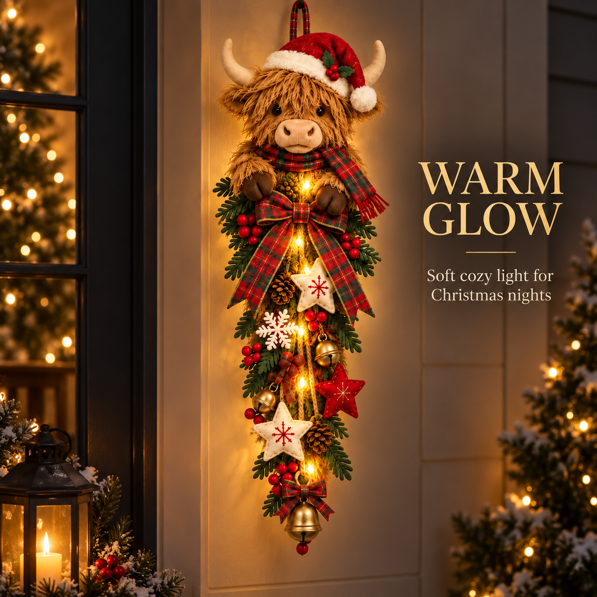 🔥Last Day 49% OFF✨🎄 Lighted Highland Cow Christmas Door Swag – A Cozy Holiday Welcome