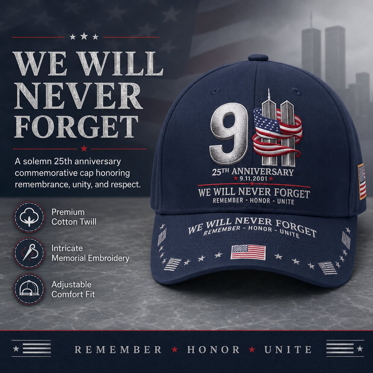 🔥LAST DAY 50% OFF - 9/11 25th Anniversary We Will Never Forget Printed Memorial Baseball Cap – Unisex Patriotic Memorial Hat🧢