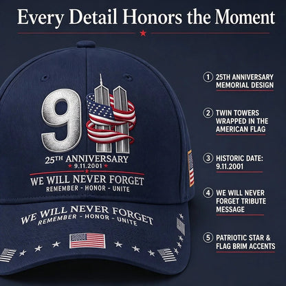 🔥LAST DAY 50% OFF - 9/11 25th Anniversary We Will Never Forget Memorial Baseball Cap – Unisex Patriotic Memorial Hat🧢Printed Polyester Fabric