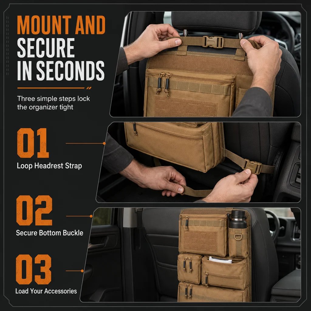 🎉🚗 Tactical Car Backseat Organizer: Heavy-Duty Nylon, Webbed Loops, Buckled Straps, Universal Fit