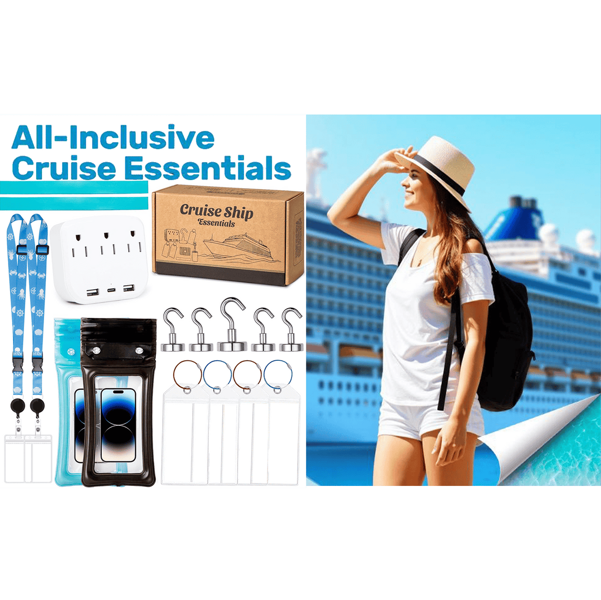 Cruise Essentials 2026- Cruise Must Haves Kit with Non-Surge Protector Power Strip, Lanyard with ID Holder, Magnetic Hooks, Luggage Tag Set, Towel Bands, Waterproof Phone Holder