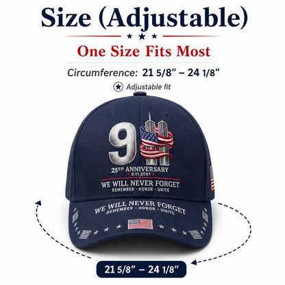 🔥LAST DAY 50% OFF - 9/11 25th Anniversary We Will Never Forget Printed Memorial Baseball Cap – Unisex Patriotic Memorial Hat🧢