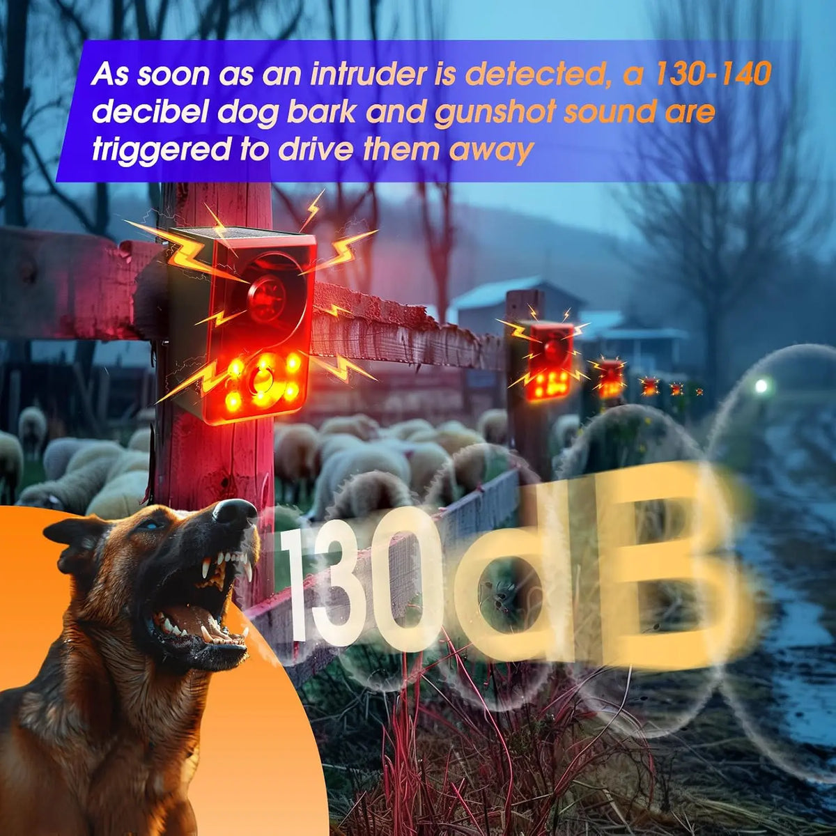 Solar Outdoor Motion SensorAlarm - Dog Barking & GunshotSound, Support Recording andVolume Adjustment, 130dB Noisewith Flashing Light to DeterRaccoon, Deer, Skunk, Bear,Coyote
