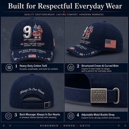 🔥LAST DAY 50% OFF - 9/11 25th Anniversary We Will Never Forget Printed Memorial Baseball Cap – Unisex Patriotic Memorial Hat🧢