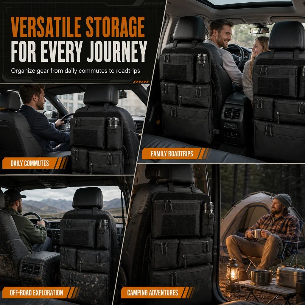 🎉🚗 Tactical Car Backseat Organizer: Heavy-Duty Nylon, Webbed Loops, Buckled Straps, Universal Fit
