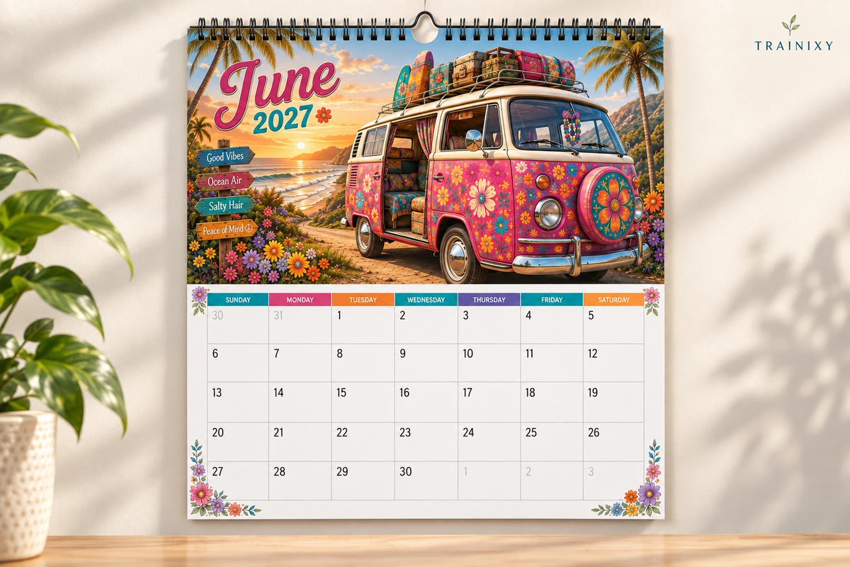 2027 Hippie Boho Wall Calendar – Retro Road Trip & Van Life Aesthetic