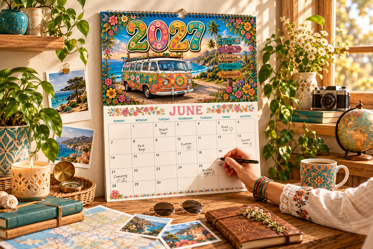 2027 Hippie Boho Wall Calendar – Retro Road Trip & Van Life Aesthetic