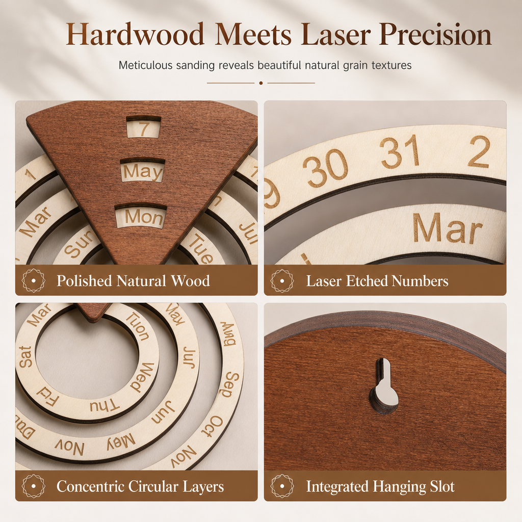 🗓️ Wooden Rotating Perpetual Calendar – A Unique Interactive Decor Piece For Your Home & Office✨